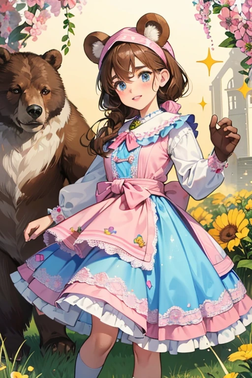 Bren Bear has almond skin with a brown nose and freckles. She has brown eyebrows, blue eyes, and pink lips. She has brown hair that parts above the left eye surrounding her bear ears and down to her waist. She has no tail. She has a blue gingham patterned dress with a blue band around the waste with yellow and pink flowers on the dress. Her look is augmented with a light brown fur stole. She has brown shoes with bear faces in the noses. She has a pink bandana wrapped around her head.  SPARKLE; GLITTER