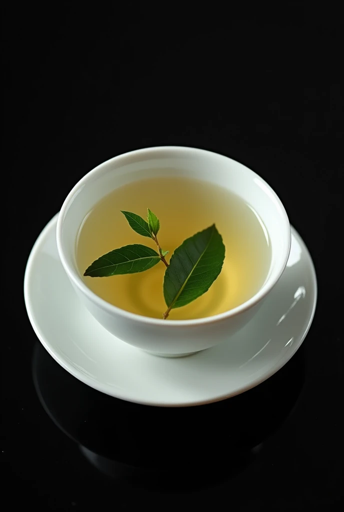 The camera looks down from directly above, focusing on a white porcelain teacup containing a single bud and two leaves of Chinese mountain tea.，((Right beneath the surface, You can see a single bud and two leaves of Chinese high mountain dry tea, which has been dried and then moistened, floating in the water.)),simple，Movie Lighting，专业photography，Studio Lighting，Black desktop background，photography，Intricate details，Ultra Detail，Hyper-photorealism，8K Ultra HD top view，Top view, bird's eye view