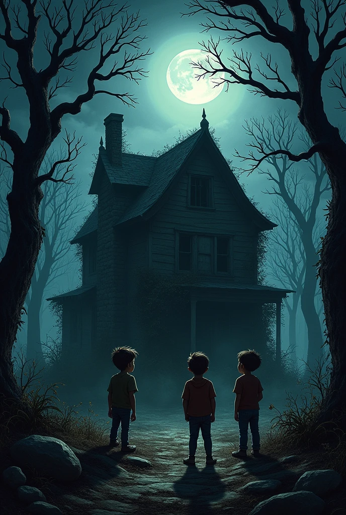 Make 3 boys stand in front of a very old abandoned house in a very dark forest