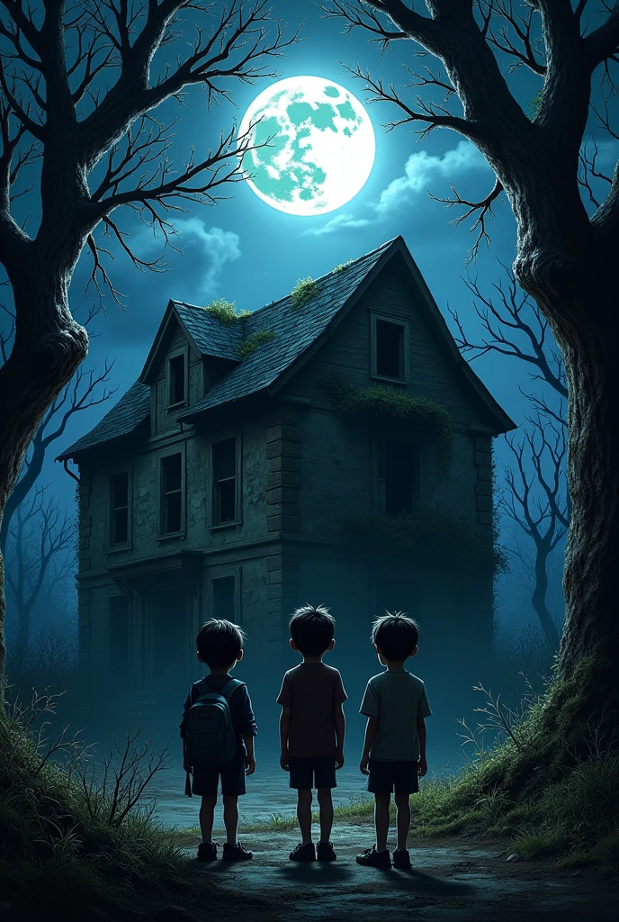Make 3 boys stand in front of a very old abandoned house in a very dark forest