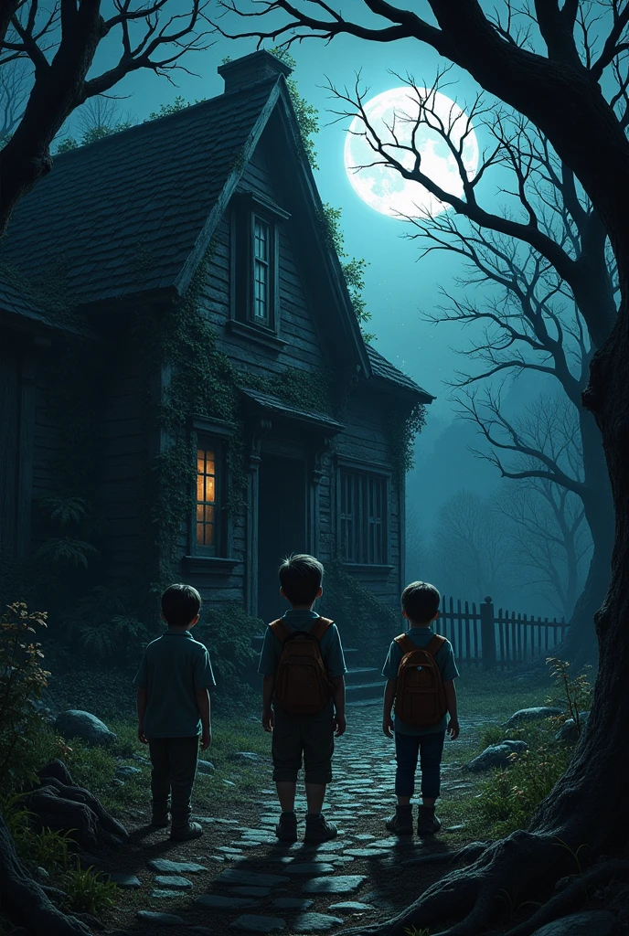 Make 3 boys stand in front of a very old abandoned house in a very dark forest