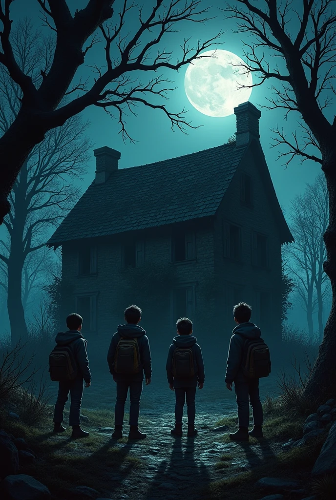 Make 3 boys stand in front of a very old abandoned house in a very dark forest