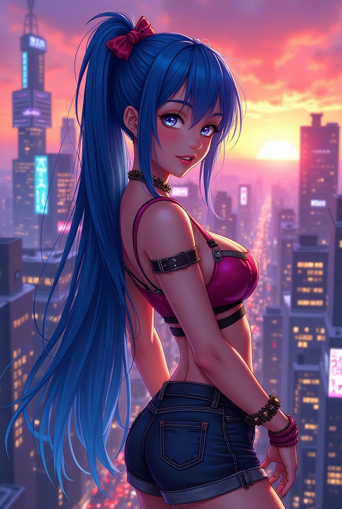 (((absurdres))), (((masterpiece))), (((best quality))), ((ultra-detailed)), ultra high quality, realistic, (real picture, intricate details, depth of field), ((((1girl, solo)))), make up, parted lips, highly-detailed, perfect face, (((mature woman, milf, skindentation))), ((huge breasts, wide hips, toned abdomen)), tall, glossy lips, sexy, blushing, ((blue hair, blunt bangs, very long hair)), ((beautiful purple eyes)), ((earrings, hair ornaments, choker)), (((t-shirt, crop top, exposed navel, tight denim shorts, belt))), (((erotic pose, sitting, from above))), smile, (((city streets, midnight:1.3)))