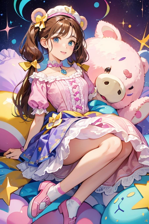 Bren Bear has almond skin with a brown nose and freckles. She has brown eyebrows, blue eyes, and pink lips. She has brown hair that is tied into two pigtails around her bear ears that stops at the waist. She has no tail.
She has a molded-on pink bodice with a white top part with a yellow bow and green buttons on it. The pink part of the bodice has purple, blue, and yellow stars on it. She has a purple skirt with a purple band with a pattern of moons, blue paws, and yellow and pink stars on the skirt.
She has pink shoes with bear faces on the noses of the shoes. She has a pink sleeping cap on her head with two holes for her ears. SPARKLE; GLITTER
