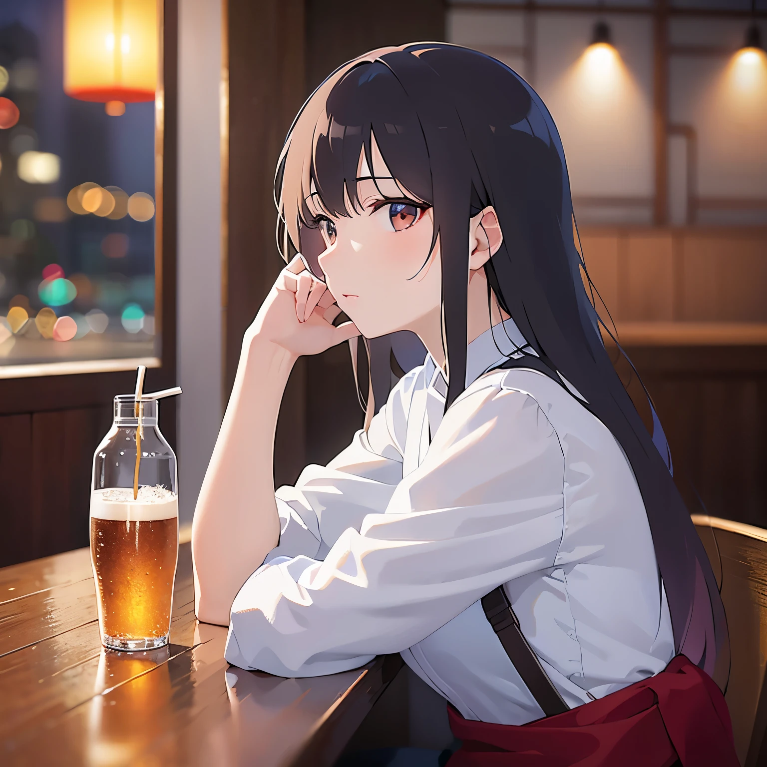 anime girl sitting at a table with a glass of beer, anime moe artstyle, anime visual of a cute girl, from girls frontline, kantai collection style, fine details. girls frontline, marin kitagawa fanart, girls frontline cg, smooth anime cg art, anime visual of a young woman, girls frontline style, seductive anime girl, anime girl drinks energy drink