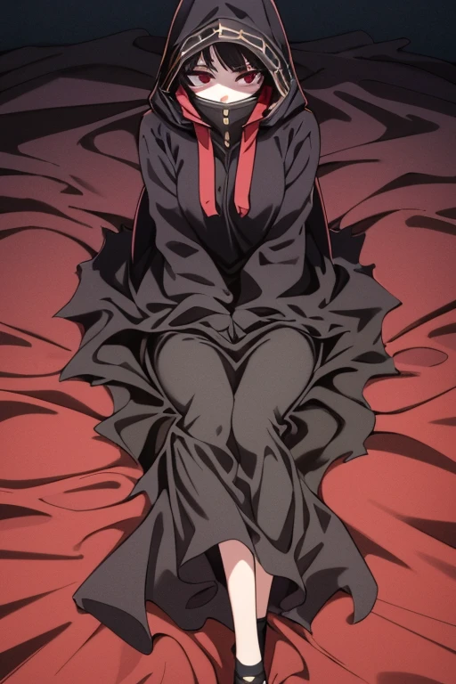 NNAssassinFSF, 1girl, solo, black hair, red eyes, long cape sleeves, sleeves covered hands, no hands, dress, long cape, cape, black cloak, hood up, black robe, covered mouth, hooded cloak, ((masterpiece, best quality)) rooms, bedroom, laying down 