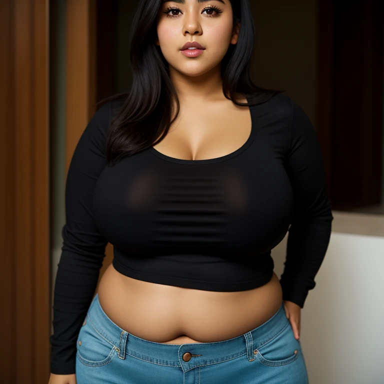 body photo, beautiful detailed, cute face, cute mexican teen, slightly chubby, short black hair, black hair over one eye, long sleeve plain T-shirt, long pants, fat curvy wide hips, solo, voluptuous breasts,