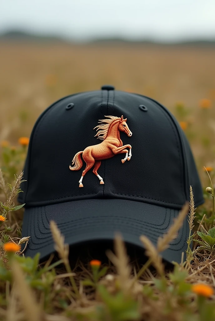 Design me a black cap with an embroidered design of a horse.
