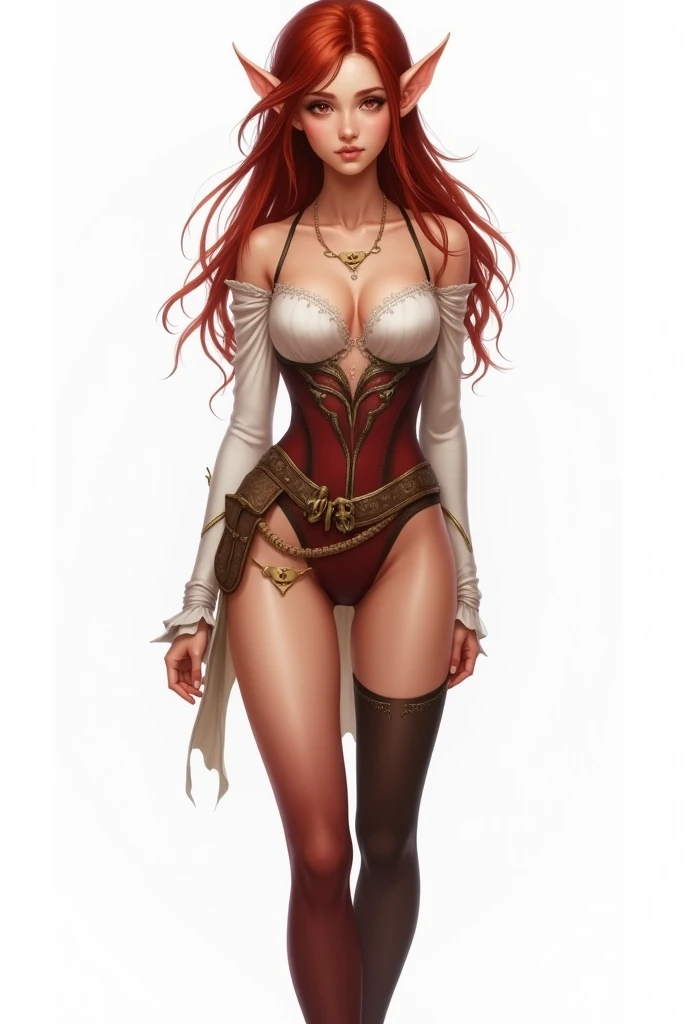 (((Best Quality))) , ((Whole body)), female, reference sheet, Alone, (White background),  thigh, dark red hair,  fantasy costume, blonde, elf ears, one stocking with tights and the other without tights, pronounced hip, slender with small bust, 1 arete, Ruby eyes with a loving look 