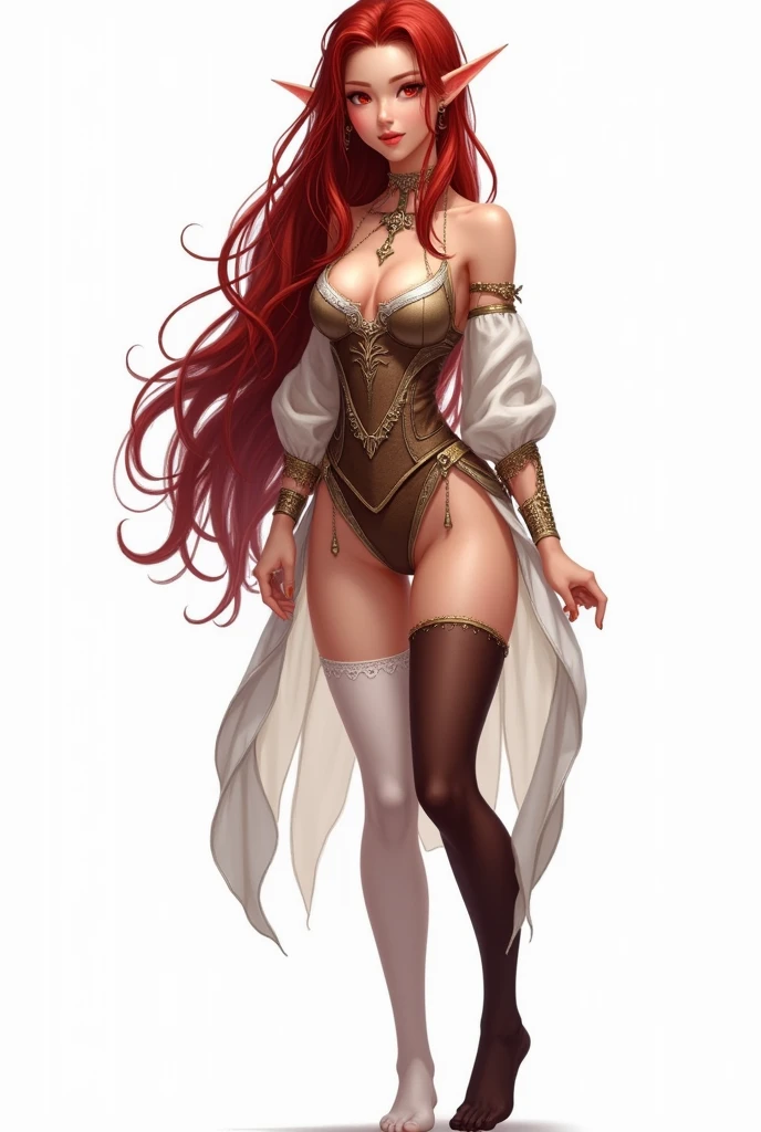 (((Best Quality))) , ((Whole body)), female, reference sheet, Alone, (White background), thigh, dark red hair, fantasy costume, blonde, elf ears, one stocking with tights and the other without tights, pronounced hip, slender with small bust, 1 arete, Ruby eyes with a loving look