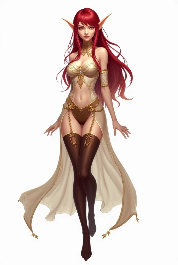 (((Best Quality))) , ((Whole body)), female, reference sheet, Alone, (White background),  thigh, dark red hair,  fantasy costume, blonde, elf ears, one stocking with tights and the other without tights, pronounced hip, slender with small bust, 1 arete, Ruby eyes with a loving look 