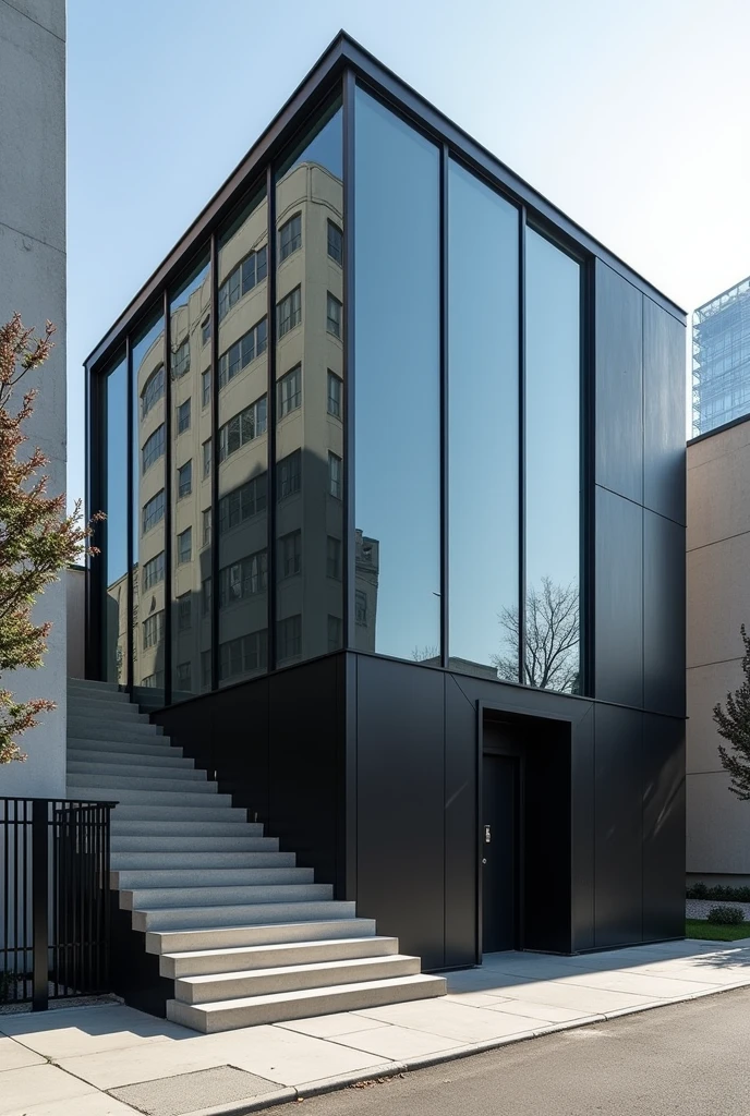 Make a medium-sized building with large glass windows facing downwards,In the center there is a black door and on the left side there are some stairs. Everything I want is a minimalist and functional design inspired by the.superhero and spiderman
