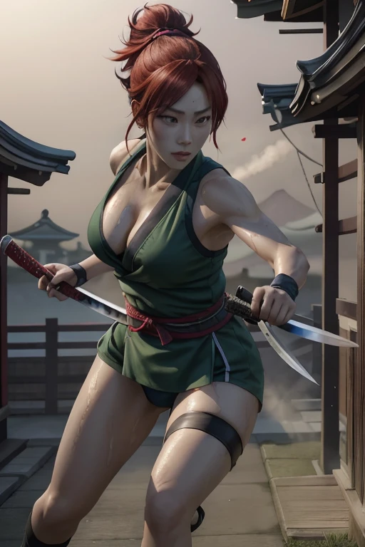 Highest quality,Ultra HD,Best AI Images, Full body photo,(beautiful face like a Japanese actress), ((Red Hair 1.2),((Sweaty 1.4)),Very detailed vfx portrait of, Female Ninja, Japanese kunoichi, cgsociety and Zhong Feng Hua, Covert behavior, Female Ninja, ((Scene of fighting with a short sword)),Scene of fighting with a short sword1.3,Portrait of a Japan woman, , Trending on deviantart, ((A short green ninja costume.5)),((sexy kunoichi,Big Breasts)), Japanese spy, 3D Rendering, (Beautiful Face 1.5), Key Visual, Vibrant, (((background 1 of a night mansion in the Sengoku period.5))), Very detailed, growing up,