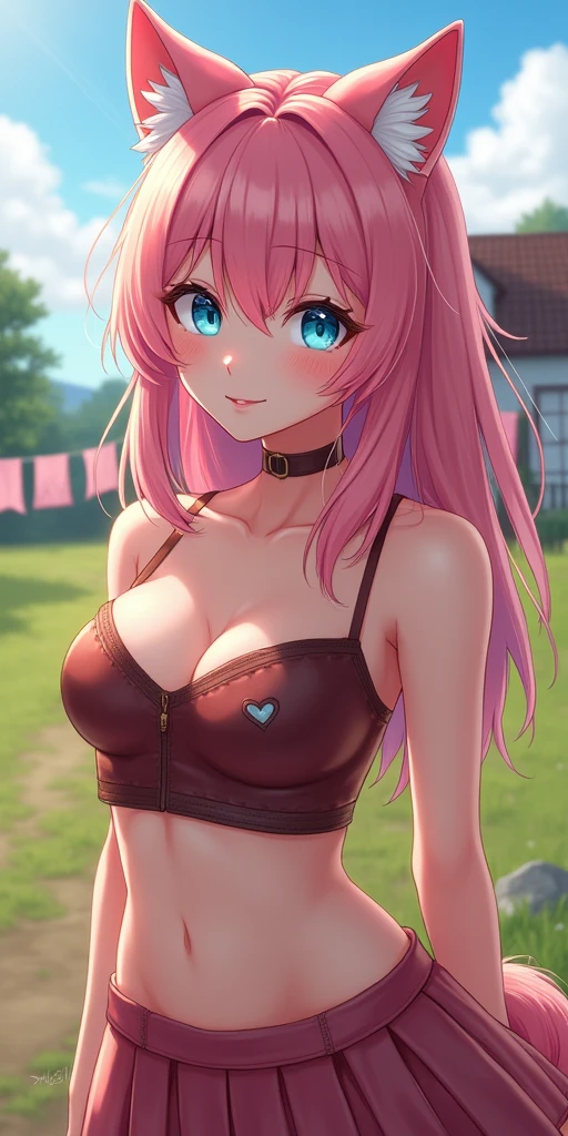 (best quality, ultra-detailed, photorealistic: 1.39), bright and vibrant colors, studio lighting, romantic expression, An effeminate Wolf-Girl, with a delicate and beautiful face. She is a girl who reflects seductive beauty, sparkling blue eyes, a beautiful wolf-girl with pink hair, wearing a beautiful leather crop top with a low-cut neckline, a pleated skirt with a heart print, a shy smile, a farm with a beautiful house in the background, a clothesline in the distance, anime style, anime girl, Anime