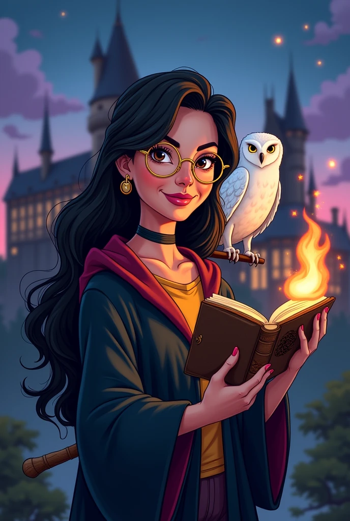 Cartoon of a woman with long wavy dark hair, dark brown eyes with black eyeliner, gold glasses, hoop earrings, grabbing a wooden wand and a flaming book with his pet, a white owl, Wearing a Hogwarts robe, Harry Potter, with a silver necklace around her neck, against the background of Hogwarts castle.