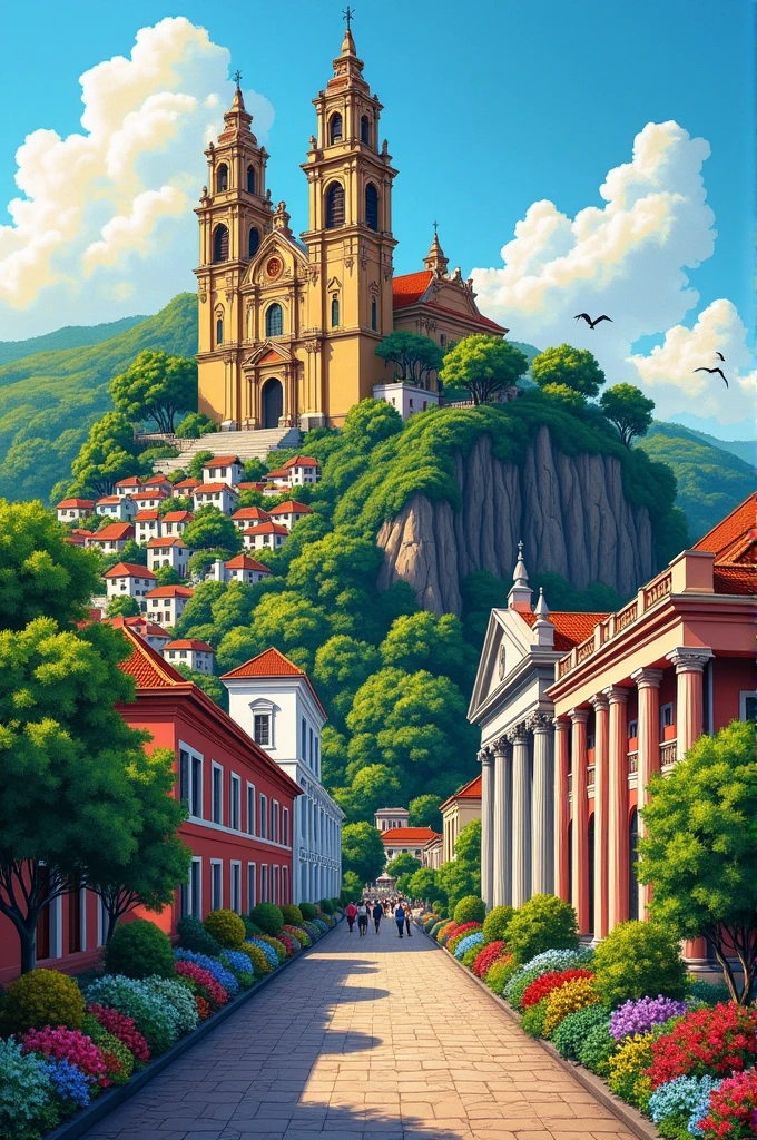 prompt:
"Freehand drawing of a Brazilian urban environment that reflects its historical evolution. Includes a baroque church on a hill like in Ouro Preto, a neoclassical building in the center of a city like Rio de Janeiro, and a modern architectural work by Oscar Niemeyer, like Brasilia Cathedral. Add a favela on a hillside and an urban park with tropical vegetation."