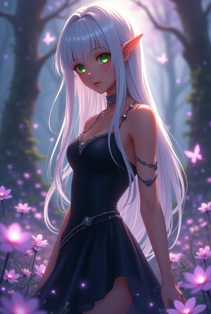 A tall, adult anime girl with brown skin, green eyes, white hair, and elf ears, wearing a black dress.
