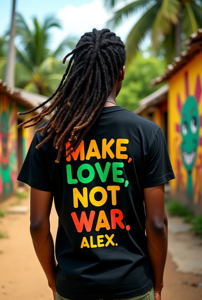 A person with dreadlocks against a vibrant, multicolored jamaica background. The person is wearing a black t-shirt with the phrase front 'MAKE LOVE, NOT WAR ALEX' written in bold, glow colorful letters, ultra-glow