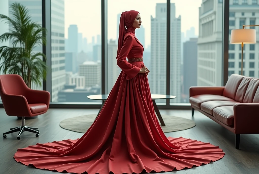 Hijabi women wear two-piece dress set, wear pleat skirt, wear peplum blazer, skirt have a very long train about 7 meter long, wear jewellery, y pose in office room