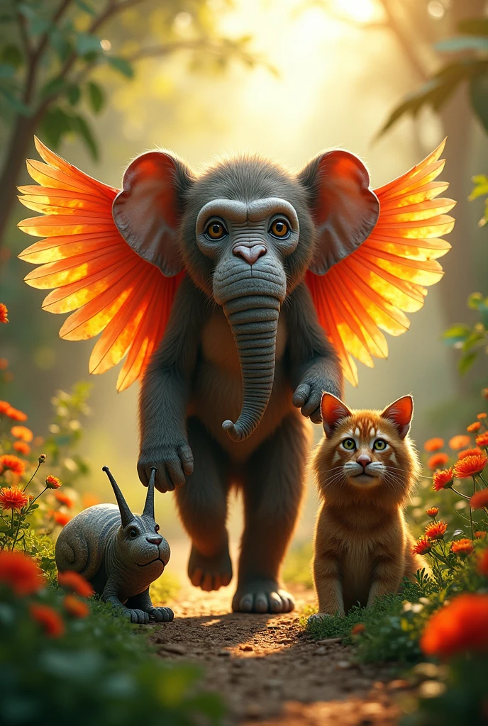 Monkey with wings and elephant head with dog with lion head cat with slug head