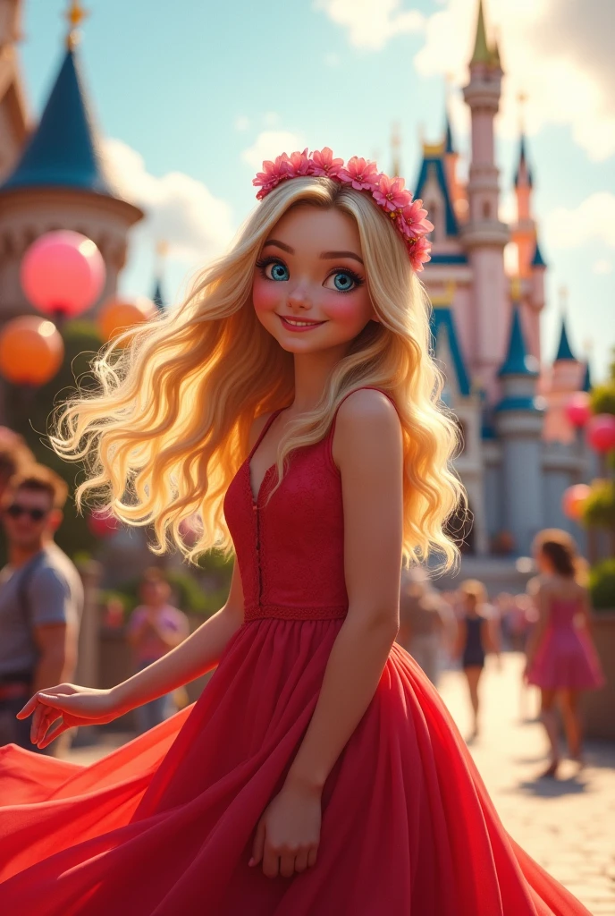   blonde with blue eyes wearing a red dress and pink flowers at Disney
