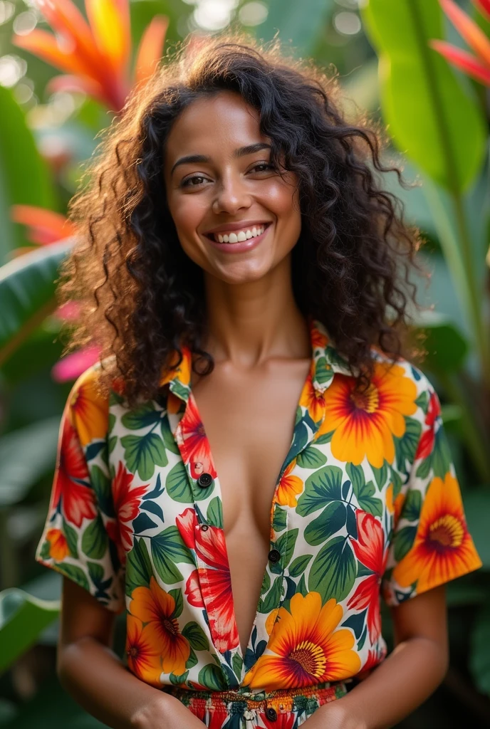 A Brazilian woman in a lush tropical garden, wearing an open shirt with a floral print, with a close-up capturing the harmonious beauty between her breasts and the natural flowers, showing off your natural charm and outgoing personality.