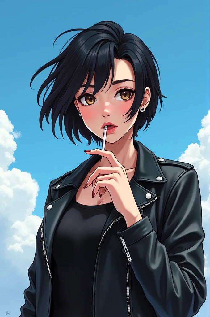 adult female with short black hair wearing a leather jacket and holding a cigarette with a blue sky as a background with cartoon style