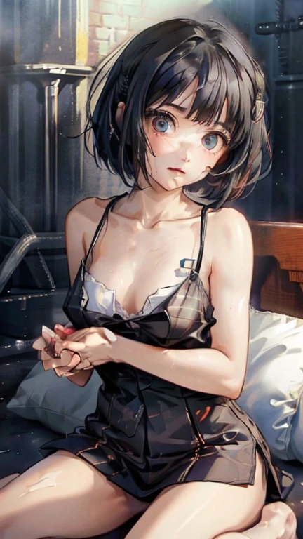((Highest quality)), ((masterpiece)), (detailed), Large:1.2),extremely detailed cute anime face, (((Flat Chest))), (Flat Chest:1.1),((((Short Bob Hair)))),Complex eyes,beautiful detailed eyes,Symmetrical eyes,(((detailed face))),beautiful detailed lips, Young Face,Low length,Pretty face, (((Embarrassing))),(Lips waiting for a kiss),(My heart is pounding with anticipation.)、Mesh Camisole、Sitting on the pillow and riding、Hugging the pillow on your knees、Bold leg spread、barefoot、Wide composition、Eating sausages、On the bed、Spilling milk、Fisheye Lens、 (Flat Chest:1.1)
