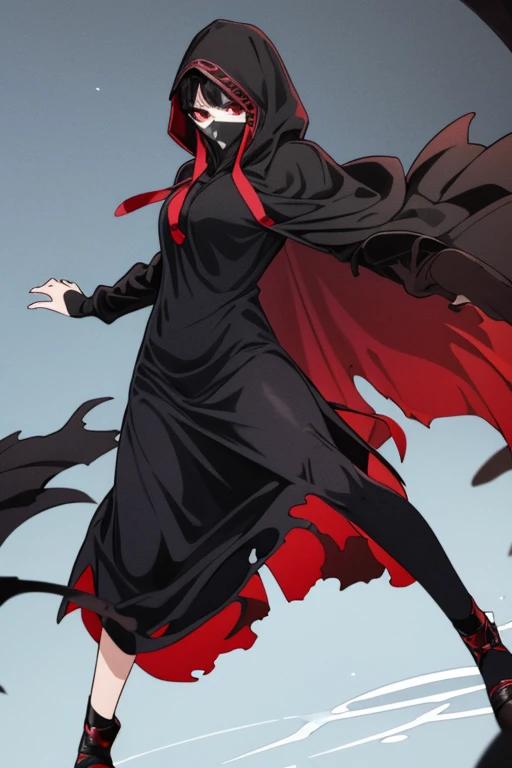 NNAssassinFSF, 1girl, solo, median breasts, black hair, red eyes, long cape sleeves, sleeves covered hands, no hands, dress, long cape, cape, long skirt, black cloak, hood up, black robe, covered mouth, hooded cloak, ((masterpiece, best quality)) rooms, dancing