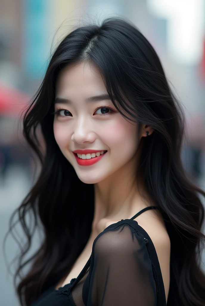 (photorealism:1.2), beautiful woman, 4k,realistic art,realistic woman,black hair,white skin, smirk, korea woman, long hair ,