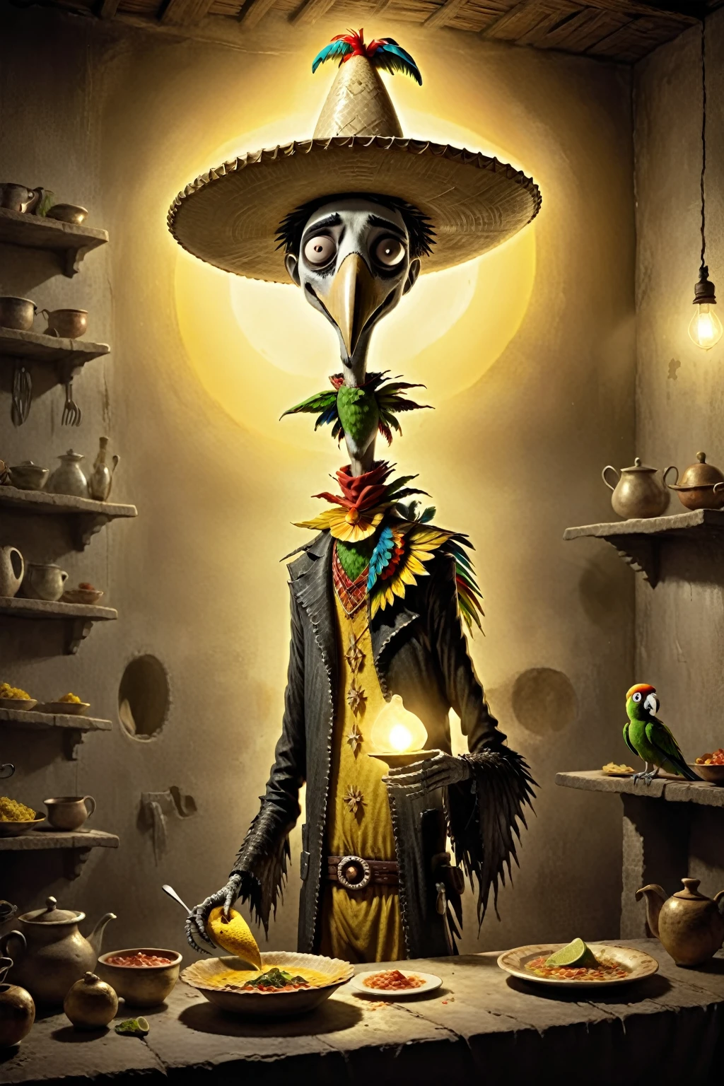 A Mexican taquero with a sombrero like his golden aura, preparing dishes with a parrot on his shoulder, a somber and very surreal tone, in the style of Tim Burton. And a zenith light.