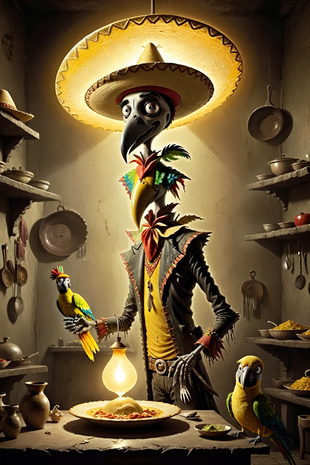 A Mexican taquero with a sombrero like his golden aura, preparing dishes with a parrot on his shoulder, a somber and very surreal tone, in the style of Tim Burton. And a zenith light.