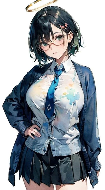 (ultra detailed:1.5), (aquarelle:1.4), (watercolor \(medium\):1.2), ((masterpiece:1.2, best quality)), (white background, simple background:1.4),

chihiro(blue archive), 1girl, solo, character focus, looking at viewer, (large breasts:1.4), standing, front view, facepalm, 

(glasses, halo, hairpin, blush, green eyes, short hair, blue hair between eyes, bangs:1.2),
blue necktie, [[white shirt]], ((closed) blue cardigan, skindentation:1.4), (collared shirt, long sleeves:1.2), (pleated skirt:1.3), jacket, 