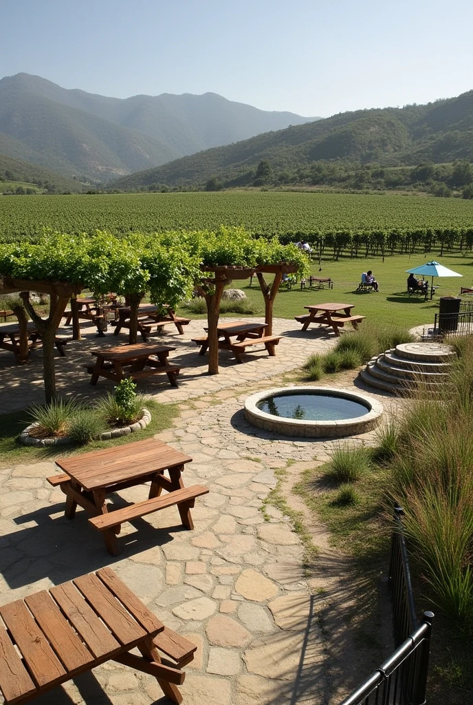 ### Recreation Area "La Bodega de Lilith"
**Location and Ambiance:**
Located in a quiet area of the vineyard with panoramic views of the vineyards and mountains.
**Main elements:**
1. **Picnic Area:**
- Tables and benches made from recycled wood under pergolas with vines.
- Eco-friendly umbrellas and a natural water fountain.
2. **Rest and Reading Area:**
- Benches and hammocks under trees.
- Small outdoor library with books on wine and sustainability.
3. **Aromatic Plant Garden:**
- Aromatic and medicinal herb garden with stone paths.
4. **Sports Area:**
- Grass field for soccer and volleyball.
- Outdoor exercise equipment.
5. **Barbecue Area and Outdoor Dining:**
- Outdoor kitchen with eco-friendly grills and communal tables.
6. **Hiking and Cycling Circuit:**
- Hiking and biking trails, with rest stations and panoramic views.
**aesthetics and sustainability:**
Designed with recycled materials, solar energy for lighting and recycled water for irrigation, emphasizing integration with the natural environment and sustainability.