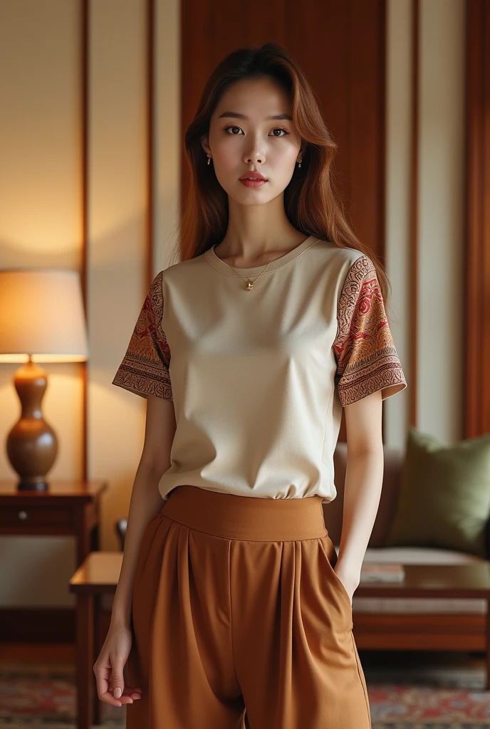 Female model. Modern style. Wearing a beige short-sleeved round-neck T-shirt with Vietnamese ethnic brocade patterns in orange, red, and brown with sleeve edges. A-line ankle-length skirt in solid brown with side pockets. Set in a luxurious wooden interior room. Cream walls. Table, chairs, lamps