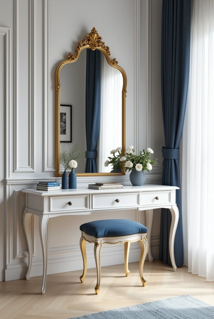 Professional 3d architecture rendering design of modern and gold French design for matte white  and dark blue makeup table with beautiful mirror and white wall and elegant accessories and white mirror and light laminate floor 