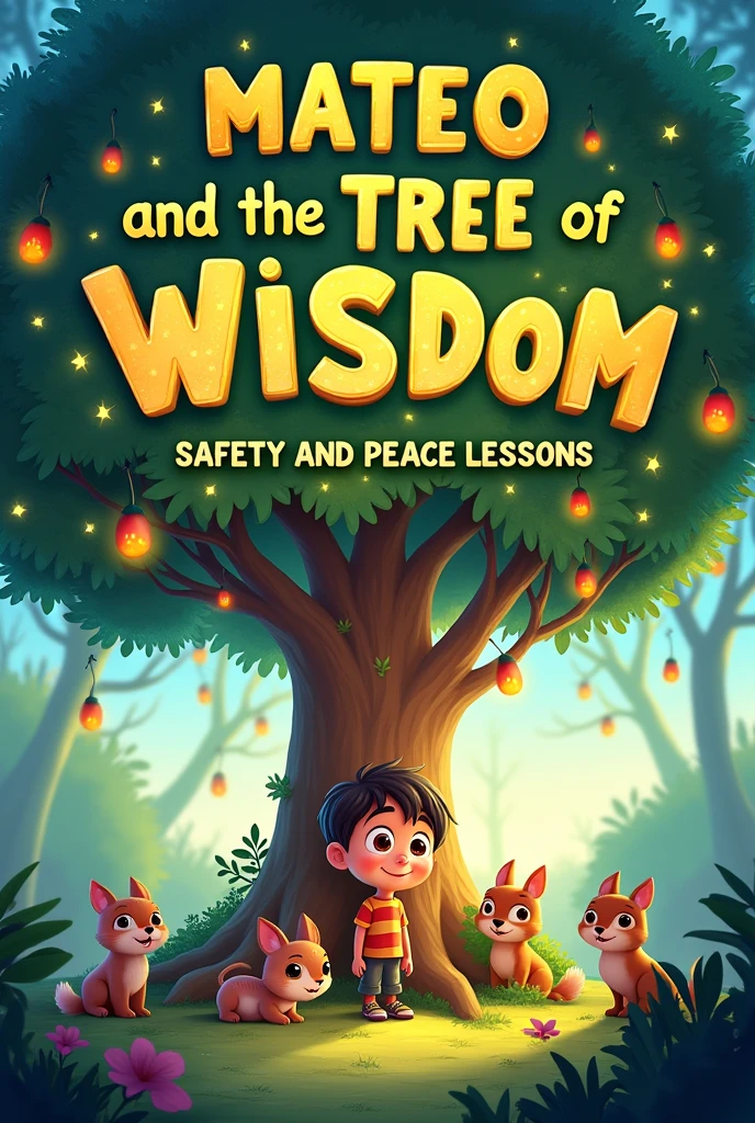 In cartoons insert the text MATEO AND THE TREE OF WISDOM: SAFETY AND PEACE LESSONS