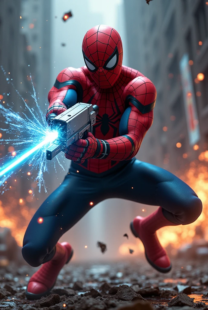 Visualize Spider-Man in an intense battle scene, holding a high-tech gun, which is unlike his usual gear, adding a unique twist to his character. Spider-Man is mid-action, firing the gun, with a burst of energy or bullets emerging from the barrel. The gun is sleek and futuristic, glowing with blue or green energy. The bullets or energy projectiles are vividly detailed, streaking through the air with a trail of light behind them.Spider-Man's stance is dynamic—one knee bent as he dodges an incoming attack, his other hand outstretched, ready to shoot another web. The background is chaotic, perhaps in a futuristic city or a tech-laden villain’s lair, with sparks, debris, and explosions highlighting the intensity of the fight. The lighting should emphasize the energy from the gun, casting a glow on Spider-Man's suit, and capturing the action-packed moment.