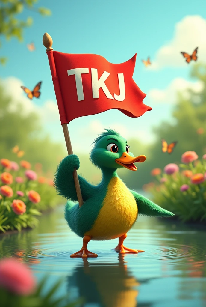 Create an image of a duck holding a flag that says TKJ