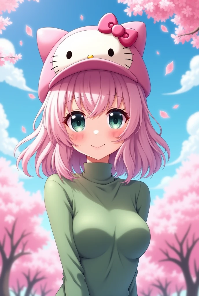 Anime girl with light pink hair, large breasts, wearing a green shirt, slim and beautiful with black eyes, a light pink Hello Kitty hat, cute.