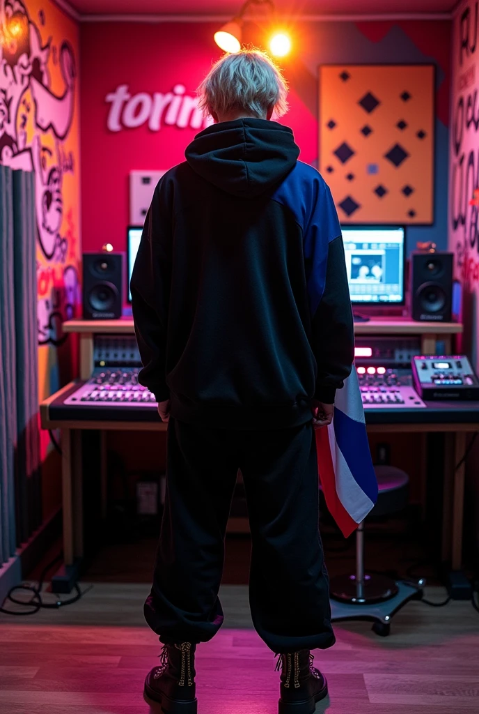 a trap singer, male, dark blond, looked from back, wearing all black clothes, oversized, hoodie, wide trousers, boots, chains, streetwear, standing on a music studio, con la bandera de chile, y la palabra "torino" en alguna parte