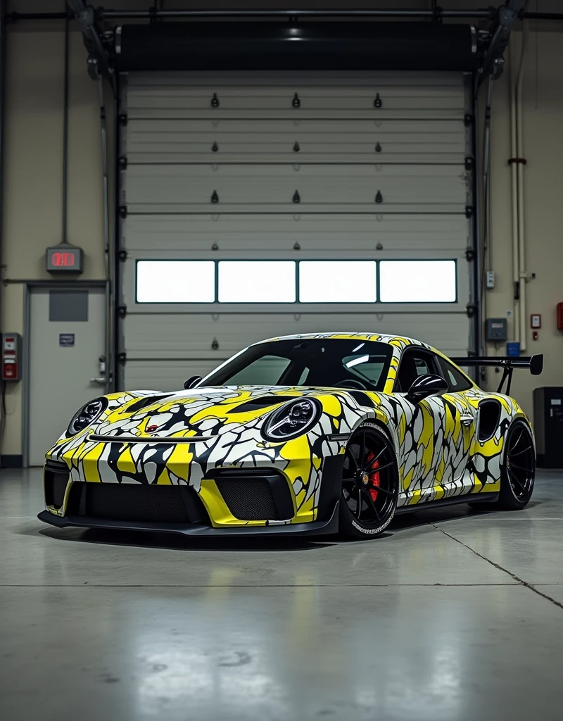 Image features a high-performance sports car with a striking camouflage paint job. The car's body is predominantly covered in a mix of black, white, and bright yellow geometric patterns, giving it a bold and aggressive appearance. The vehicle is parked in front of a large, industrial-style garage door, which is partially open. The car has sleek, aerodynamic lines, low ground clearance, and large, black alloy wheels with red brake calipers. The setting appears to be an urban or industrial area, with concrete flooring and walls adding to the gritty, modern aesthetic.