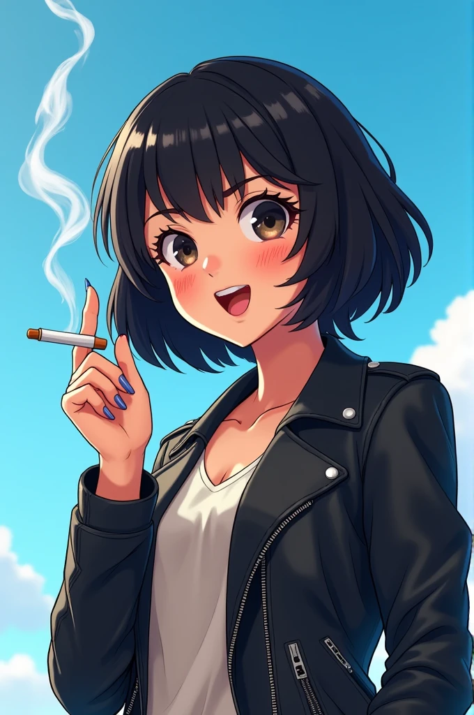 adult female with short black hair wearing a leather jacket and holding a cigarette with a blue sky as a background with cartoon style