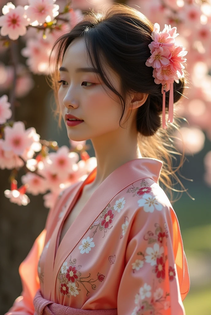 An elegantly dressed Japanese woman in natural light、A close-up shot capturing the chest and vulva.、It shows her inner peace and outer charm.。