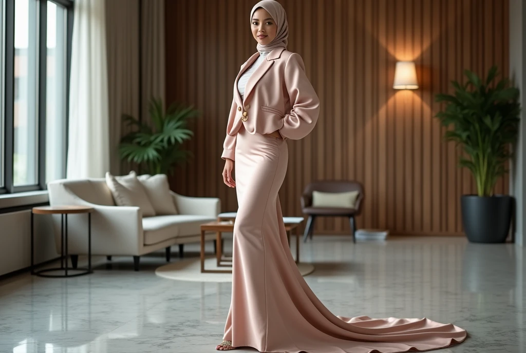 Hijabi women wear two-piece office dress set, satin pencil maxi skirt, wear peplum blazer with puff sleeves, skirt have a very long train about 7 meter long, wear jewellery, sexy pose in office room