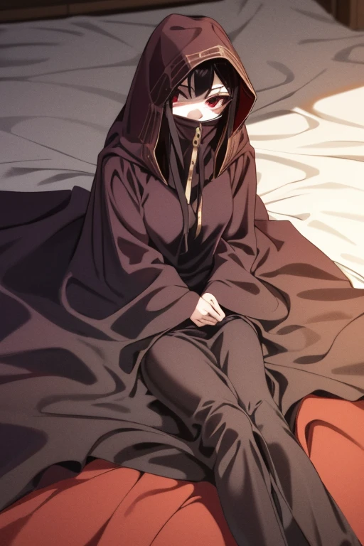 NNAssassinFSF, 1girl, solo, black hair, red eyes, long cape sleeves, sleeves covered hands, no hands, dress, long cape, cape, black cloak, hood up, black robe, covered mouth, hooded cloak, ((masterpiece, best quality)) rooms, bedroom, laying down