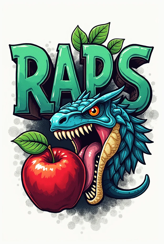 A logo that says RAPS with a raptor and a red apple that looks like it was made by a human


