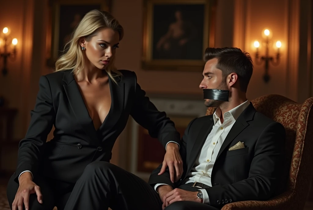 Magnificent detail, 8K Photos, hyper- realism, realistic background, visual depth, wide angle lens, professional light, full body photo. {A man in a stylish suit sitting in a chair, with his arms tied to the arms of the chair, with a tape over his mouth. Watching a beautiful natural blonde woman, De pele clara, dating a muscular alpha black man, extremely tall and strong.