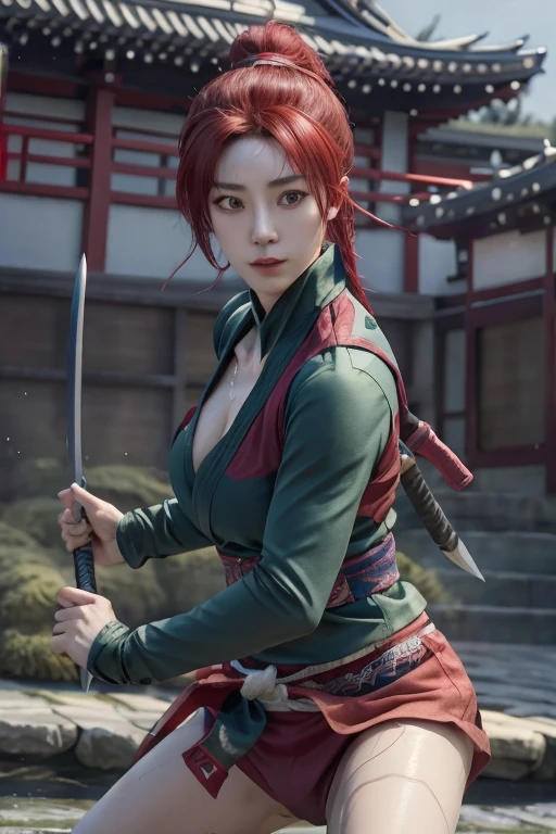 Highest quality,Ultra HD,Best AI Images, Full body photo,(beautiful face like a Japanese actress), ((Red Hair 1.2)，((Sweaty 1.4))，Very detailed vfx portrait of, Female Ninja, Japanese kunoichi, cgsociety and Zhong Feng Hua, Covert behavior, Female Ninja, ((Scene of fighting with a short sword)),Scene of fighting with a short sword1.3,Portrait of a Japan woman, , Trending on deviantart, ((A short green ninja costume.5))，((sexy kunoichi,Big Breasts)), Japanese spy, 3D Rendering, (Beautiful Face 1.5), Key Visual, Vibrant, (((background 1 of a night mansion in the Sengoku period.5))), Very detailed, growing up,