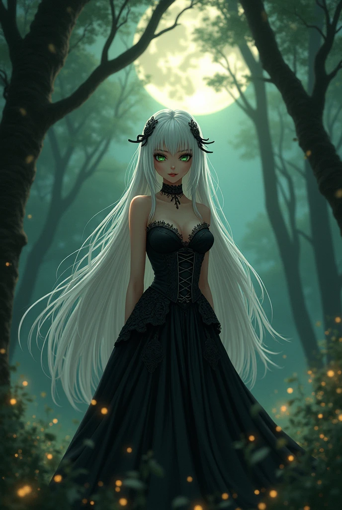 A tall adult anime girl with brown skin, green eyes, white hair, and elf ears, wearing a black gothic dress.